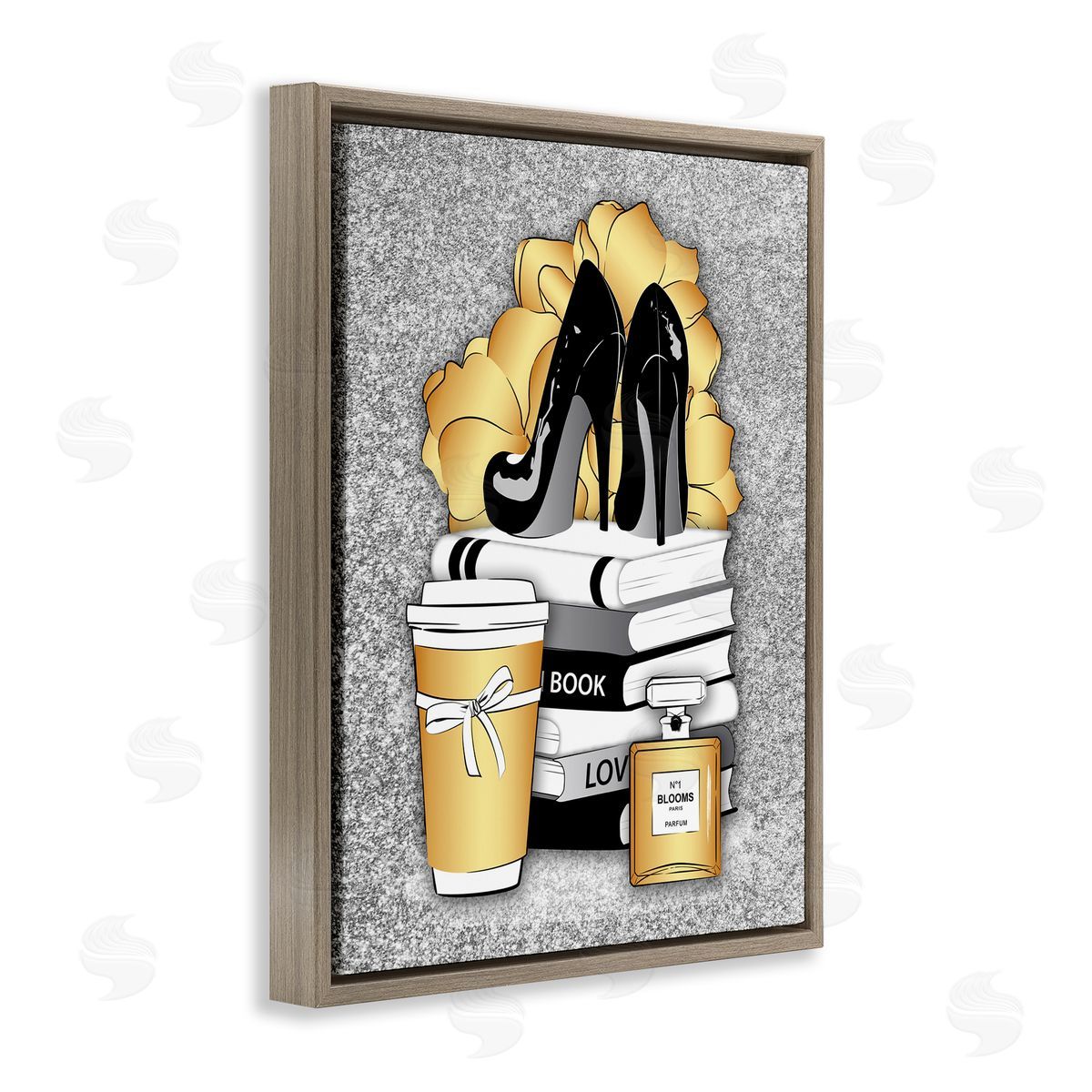Gold and Black Glam Books Brown Floating Frame Canvas Wall Art, Home Decor by Martina Pavlova