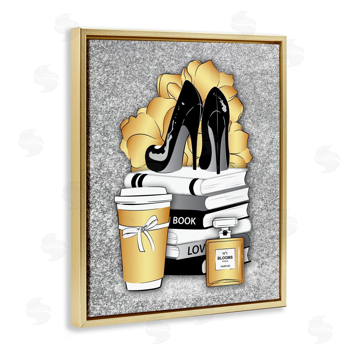 Gold and Black Glam Books Gold Floating Frame Canvas Wall Art, Home Decor by Martina Pavlova