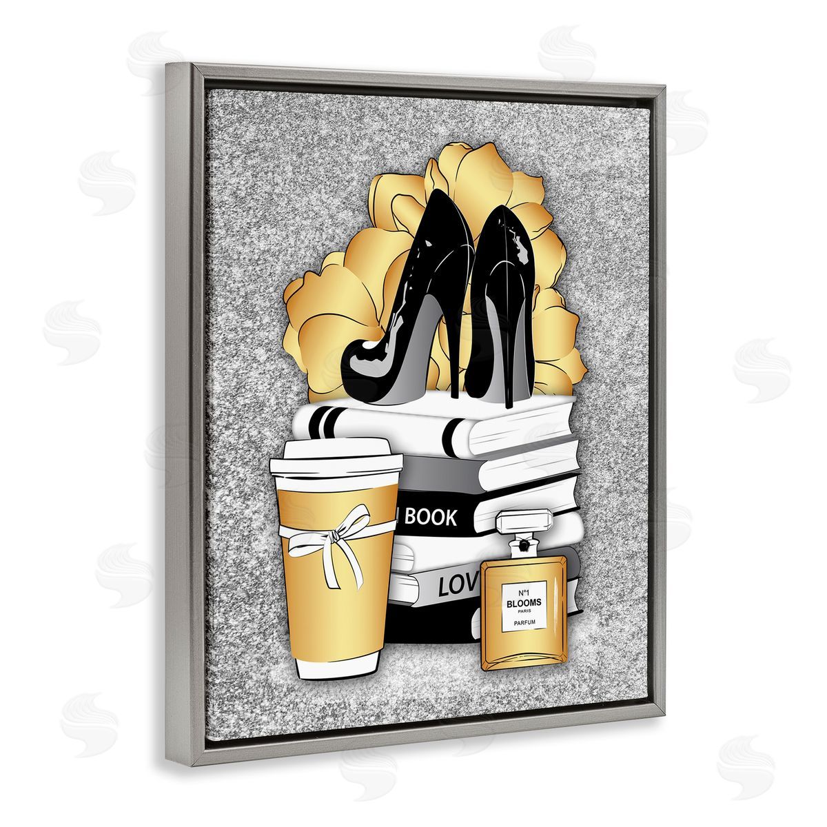 Gold and Black Glam Books Grey Floating Frame Canvas Wall Art, Home Decor by Martina Pavlova