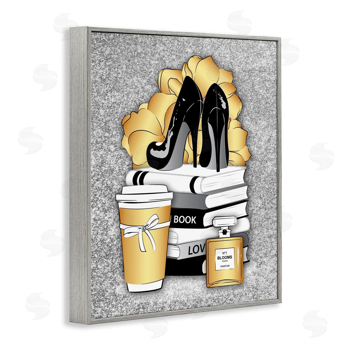 Gold and Black Glam Books Grey Frame Print Wall Art, Home Decor by Martina Pavlova