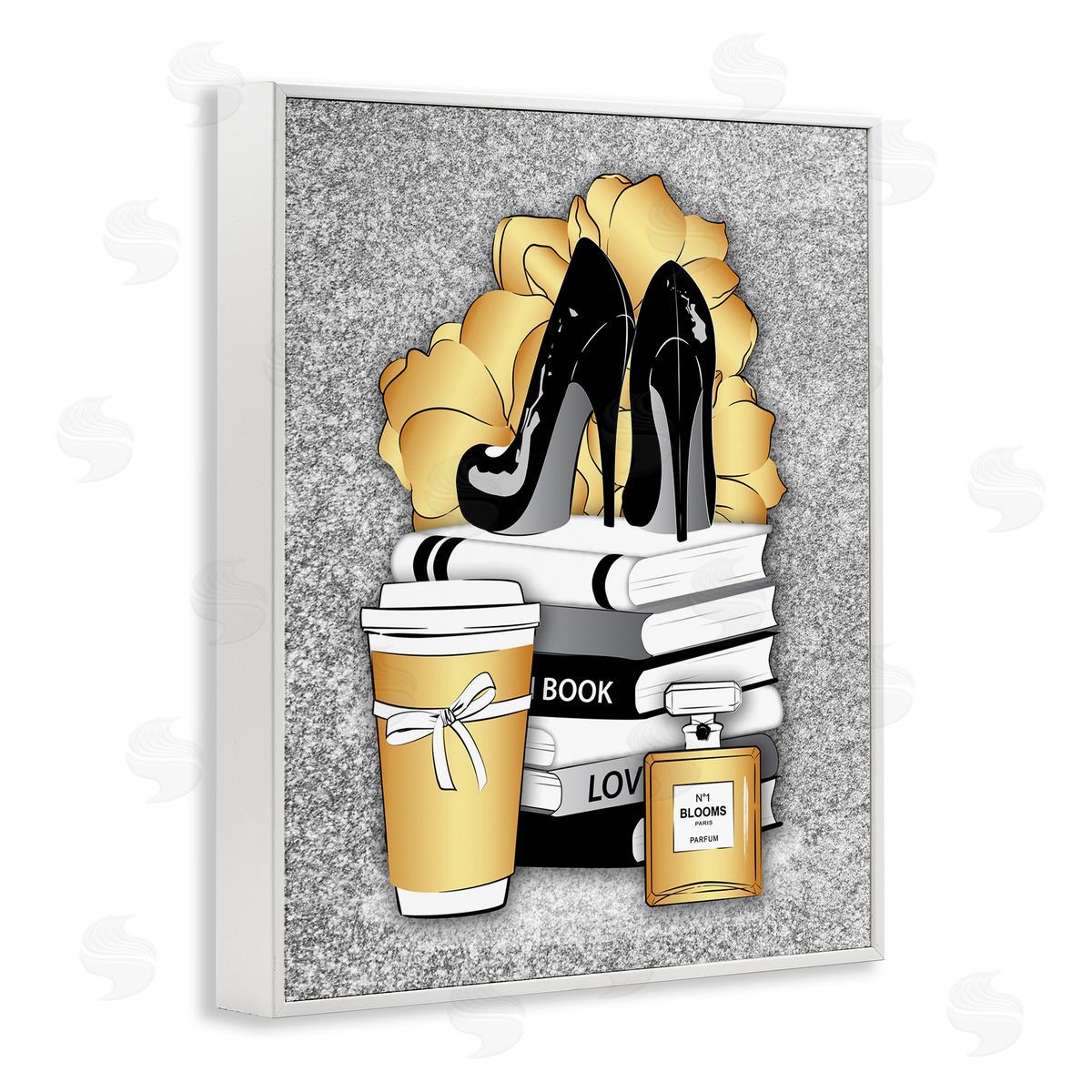 Gold and Black Glam Books White Frame Print Wall Art, Home Decor by Martina Pavlova