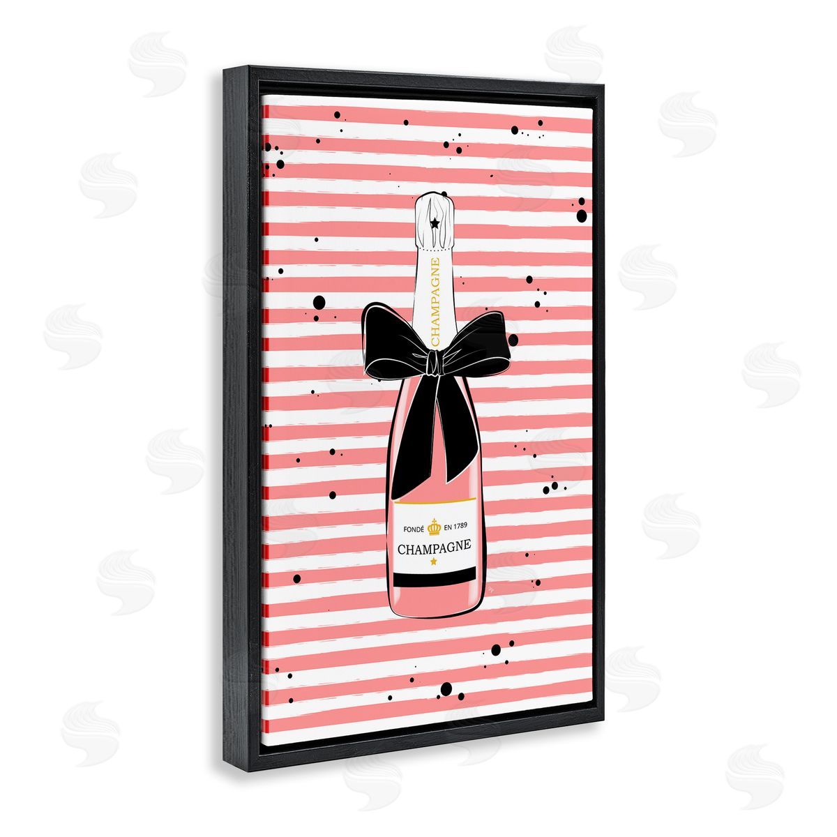 Pink Champagne on Stripes Black Floating Frame Canvas Wall Art, Home Decor by Martina Pavlova