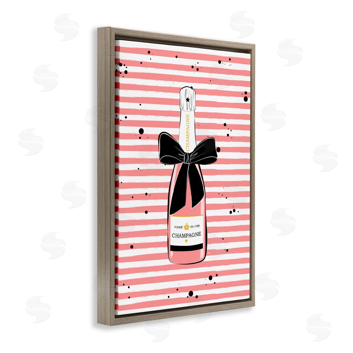 Pink Champagne on Stripes Brown Floating Frame Canvas Wall Art, Home Decor by Martina Pavlova