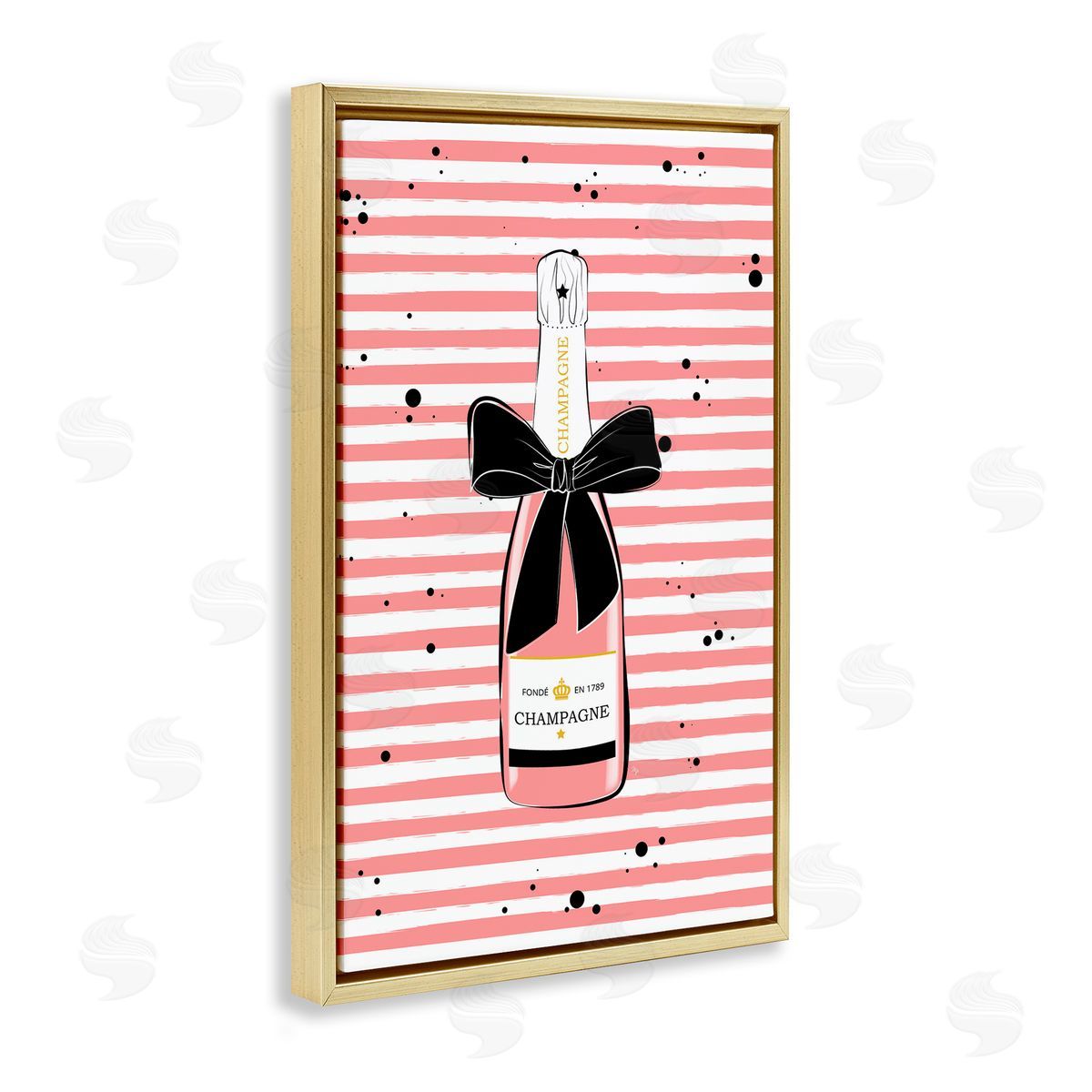 Pink Champagne on Stripes Gold Floating Frame Canvas Wall Art, Home Decor by Martina Pavlova