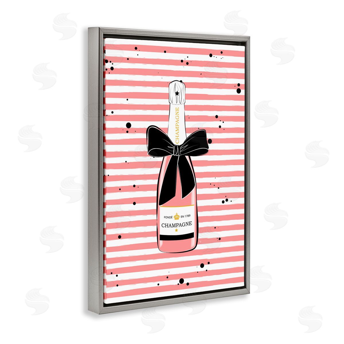 Pink Champagne on Stripes Grey Floating Frame Canvas Wall Art, Home Decor by Martina Pavlova