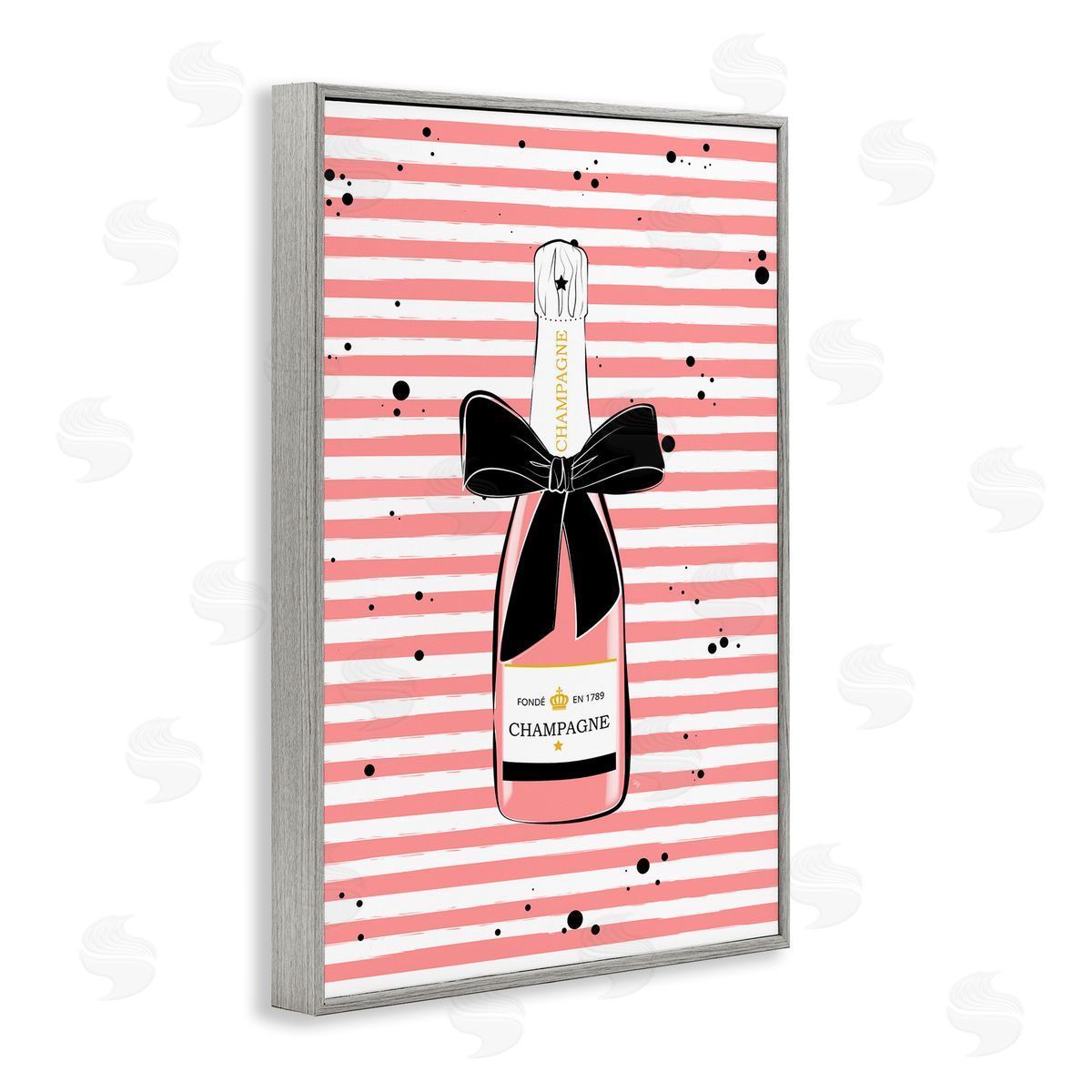 Pink Champagne on Stripes Grey Frame Print Wall Art, Home Decor by Martina Pavlova