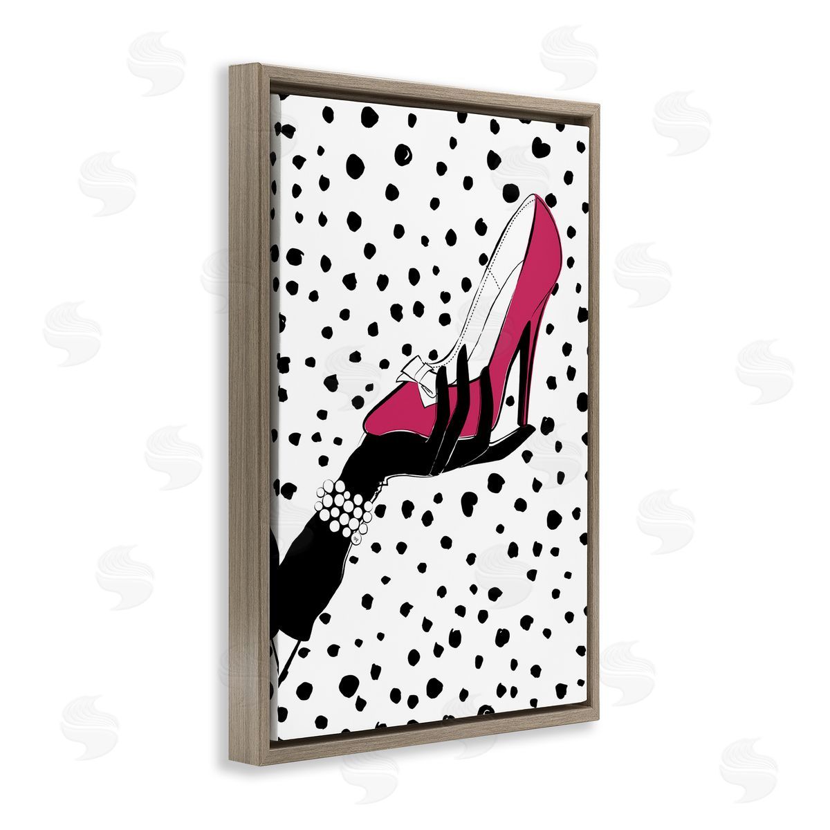 Pink Shoe with Dots Brown Floating Frame Canvas Wall Art, Home Decor by Martina Pavlova