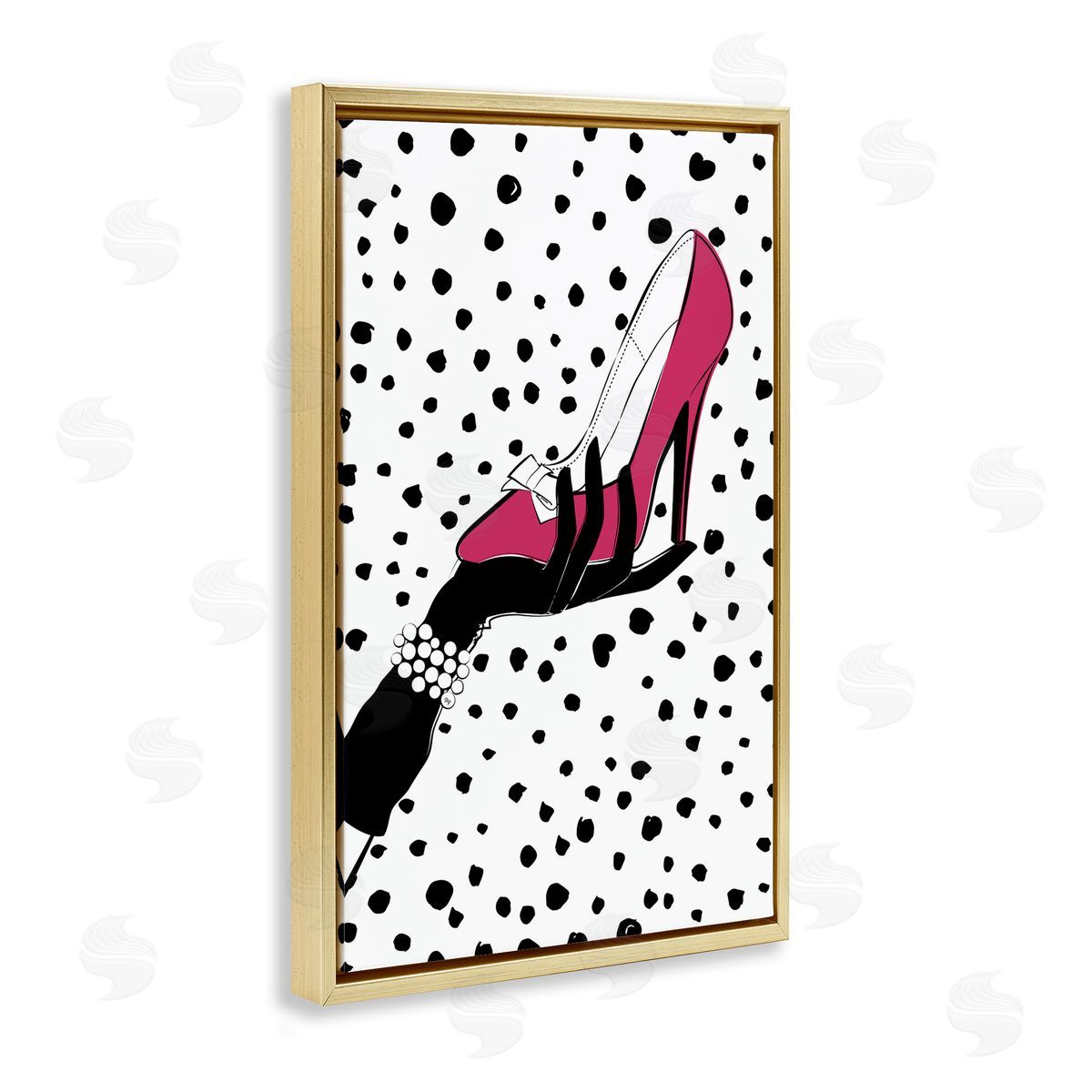 Pink Shoe with Dots Gold Floating Frame Canvas Wall Art, Home Decor by Martina Pavlova