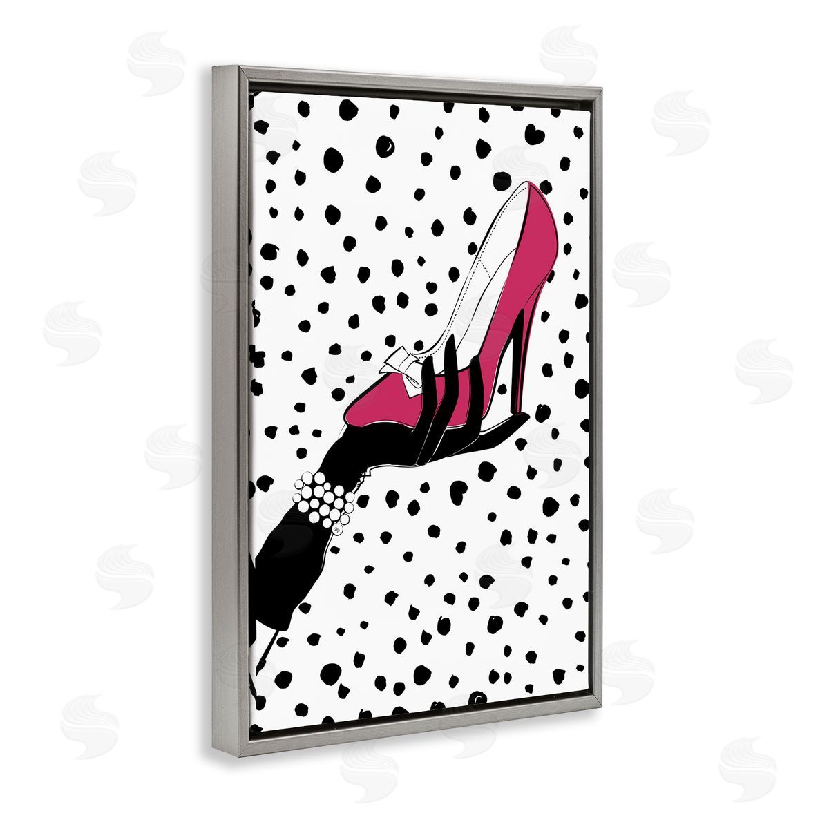 Pink Shoe with Dots Grey Floating Frame Canvas Wall Art, Home Decor by Martina Pavlova