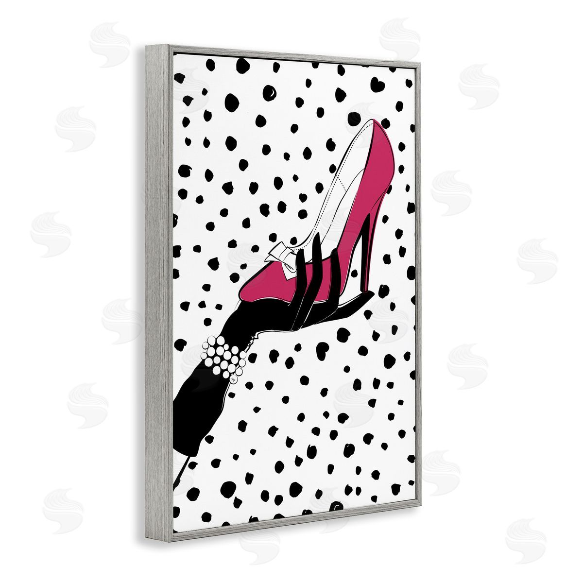 Pink Shoe with Dots Grey Frame Print Wall Art, Home Decor by Martina Pavlova