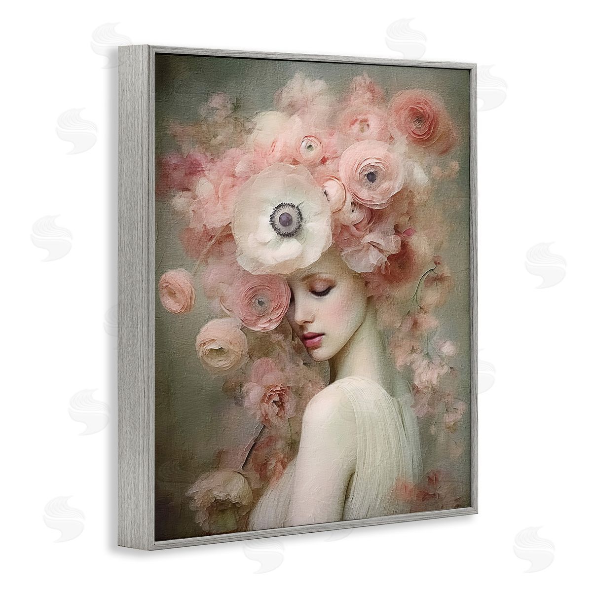 Blush Florals Portrait Grey Frame Print Wall Art, Home Decor by RileyB