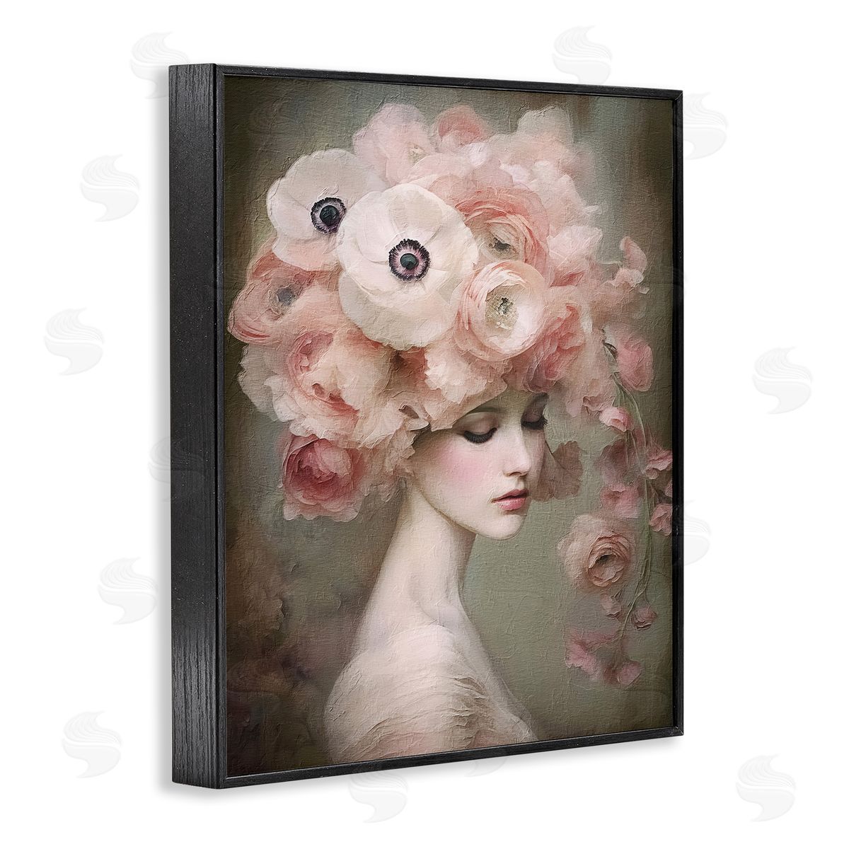 Woman and Blush Florals Black Frame Print Wall Art, Home Decor by RileyB