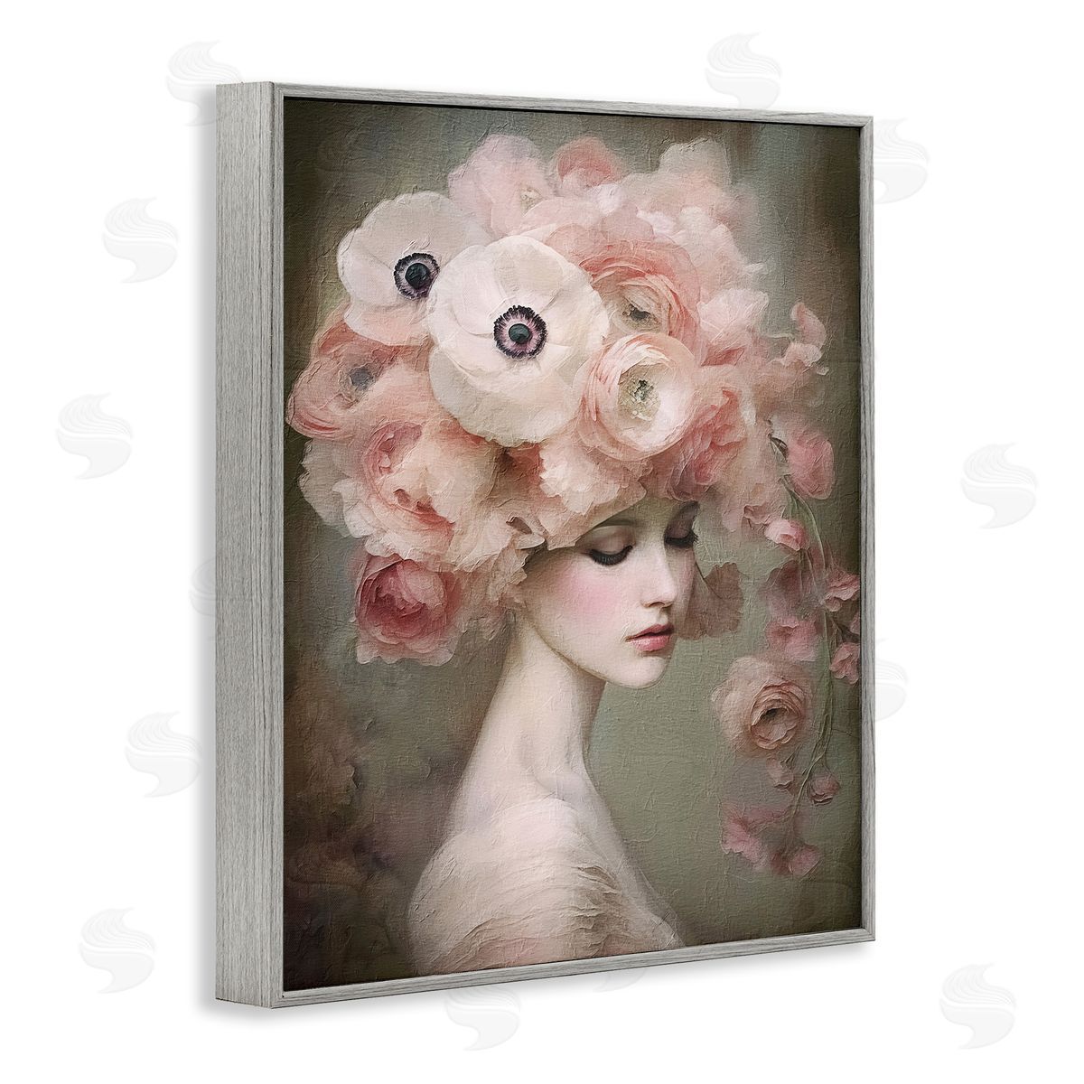 Woman and Blush Florals Grey Frame Print Wall Art, Home Decor by RileyB