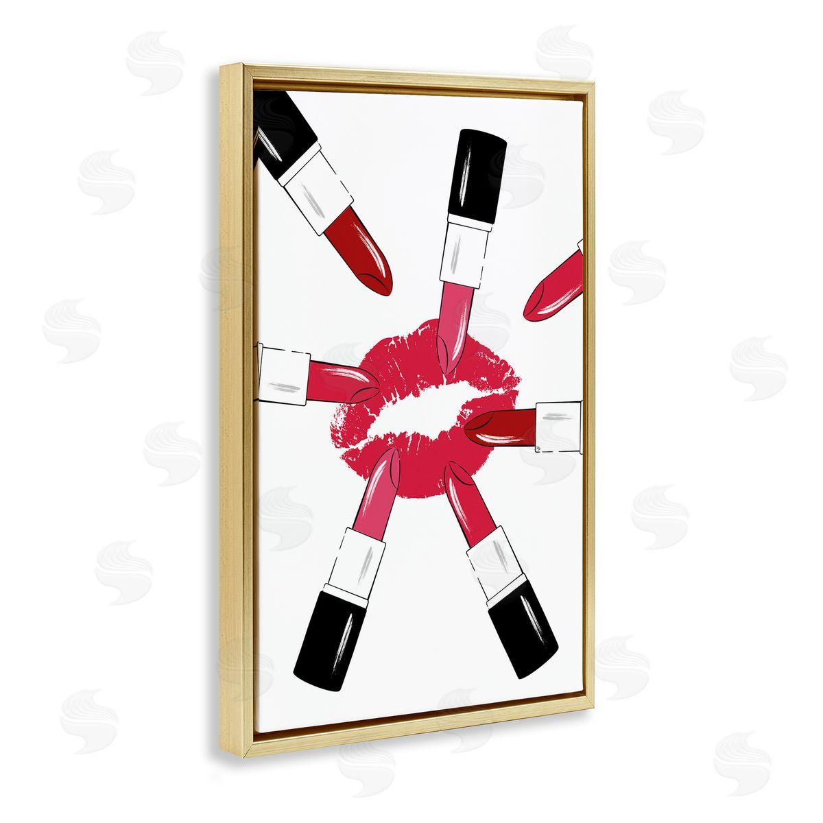 Lipsticks and Kiss Gold Floating Frame Canvas Wall Art, Home Decor by Martina Pavlova