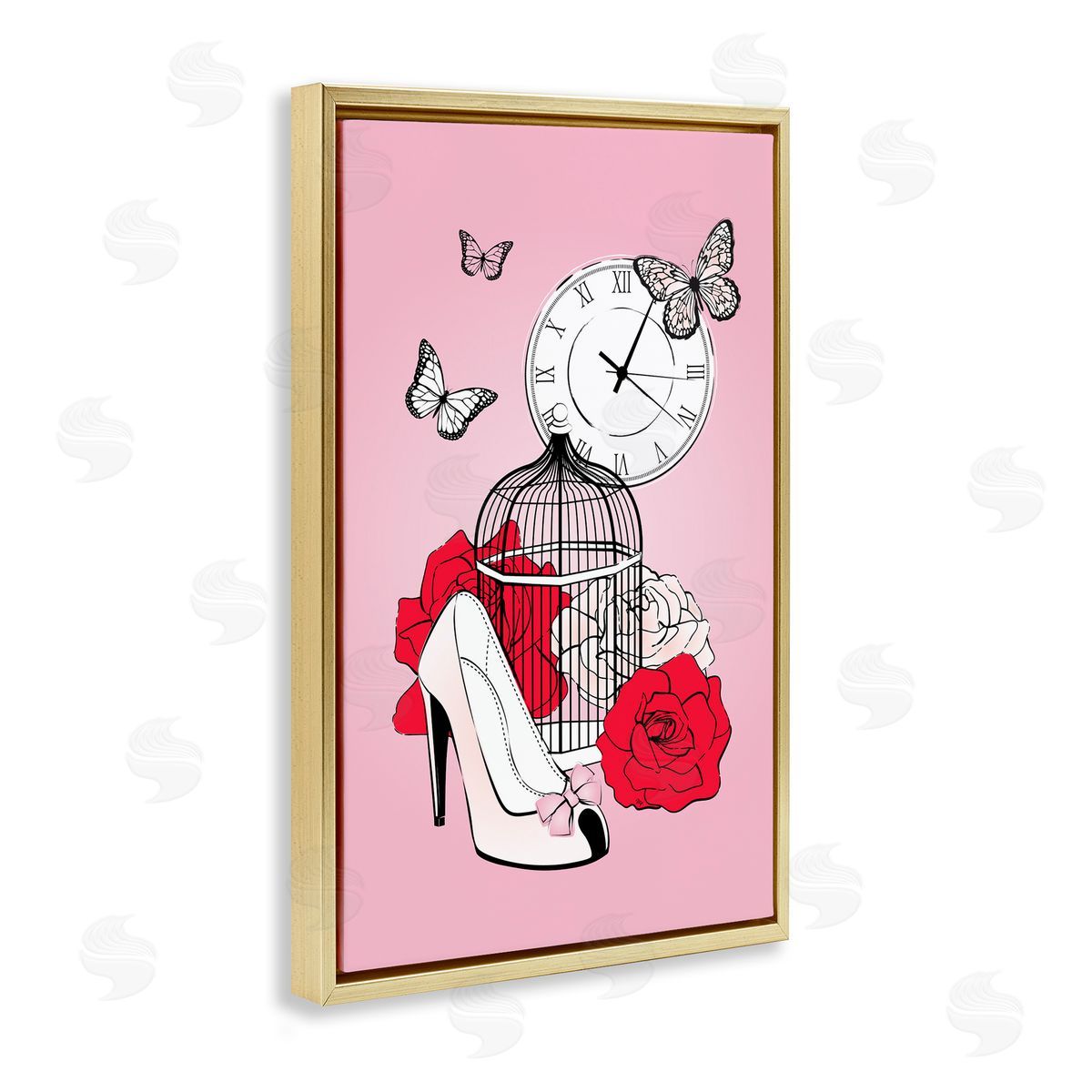 Romantic Bird Cage Gold Floating Frame Canvas Wall Art, Home Decor by Martina Pavlova
