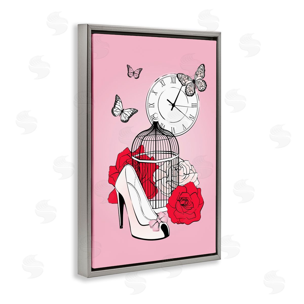Romantic Bird Cage Grey Floating Frame Canvas Wall Art, Home Decor by Martina Pavlova
