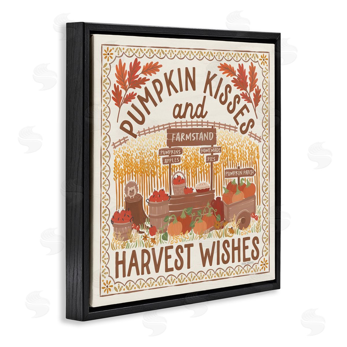Pumpkin Kisses Fall Scene Black Floating Frame Canvas Wall Art, Home Decor by Laura Marshall