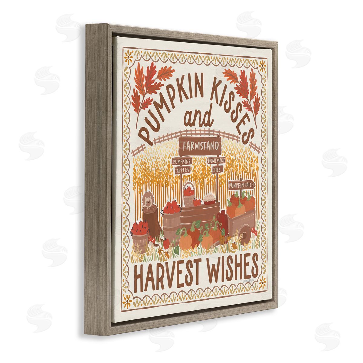 Pumpkin Kisses Fall Scene Brown Floating Frame Canvas Wall Art, Home Decor by Laura Marshall