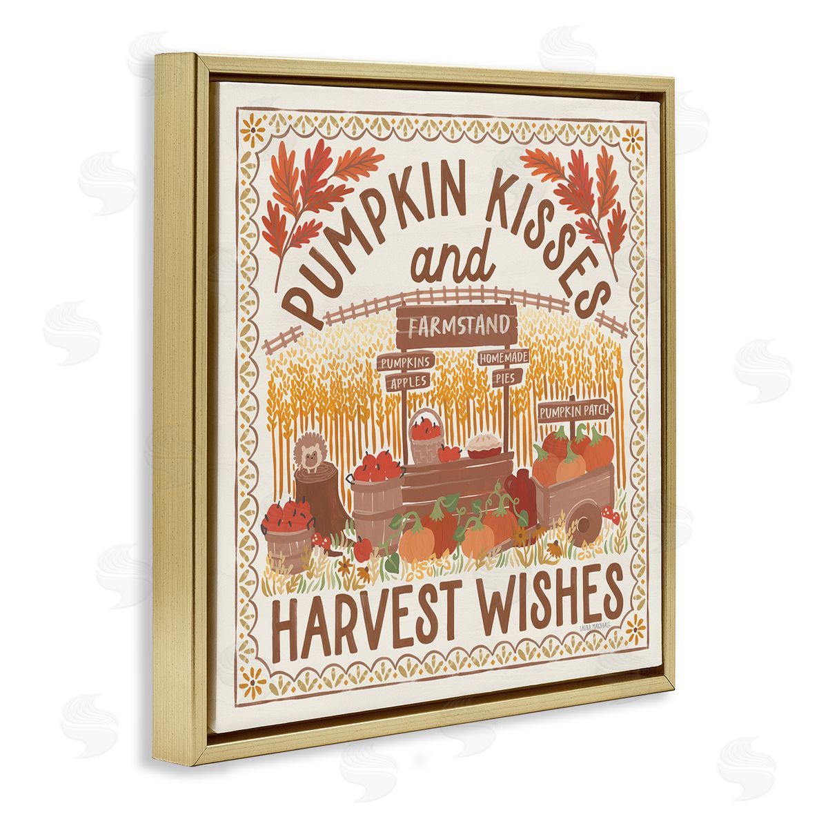 Pumpkin Kisses Fall Scene Gold Floating Frame Canvas Wall Art, Home Decor by Laura Marshall