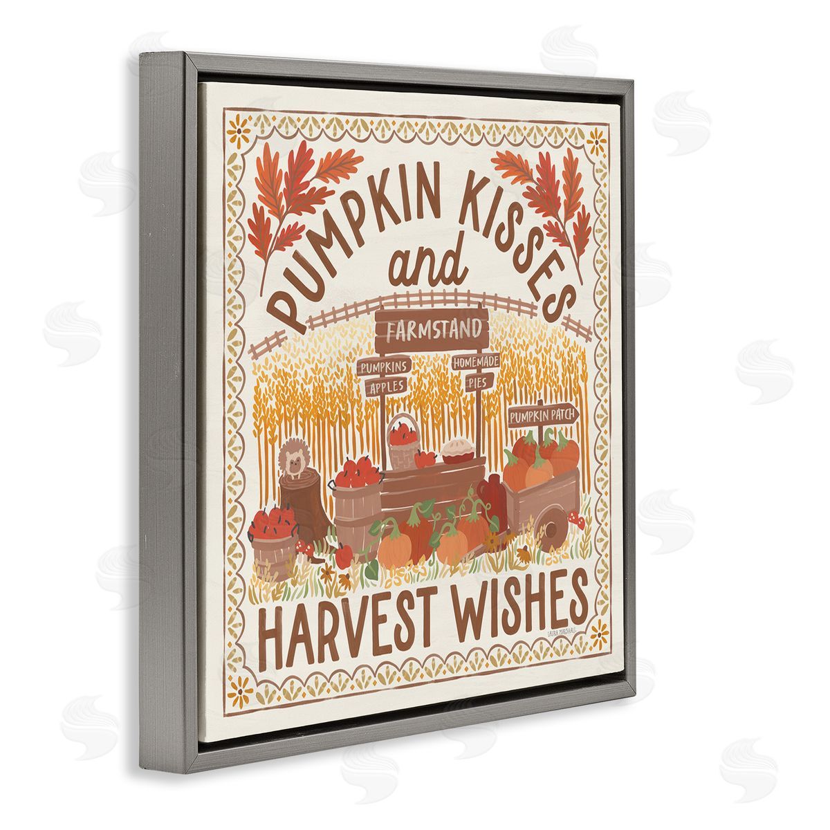 Pumpkin Kisses Fall Scene Grey Floating Frame Canvas Wall Art, Home Decor by Laura Marshall