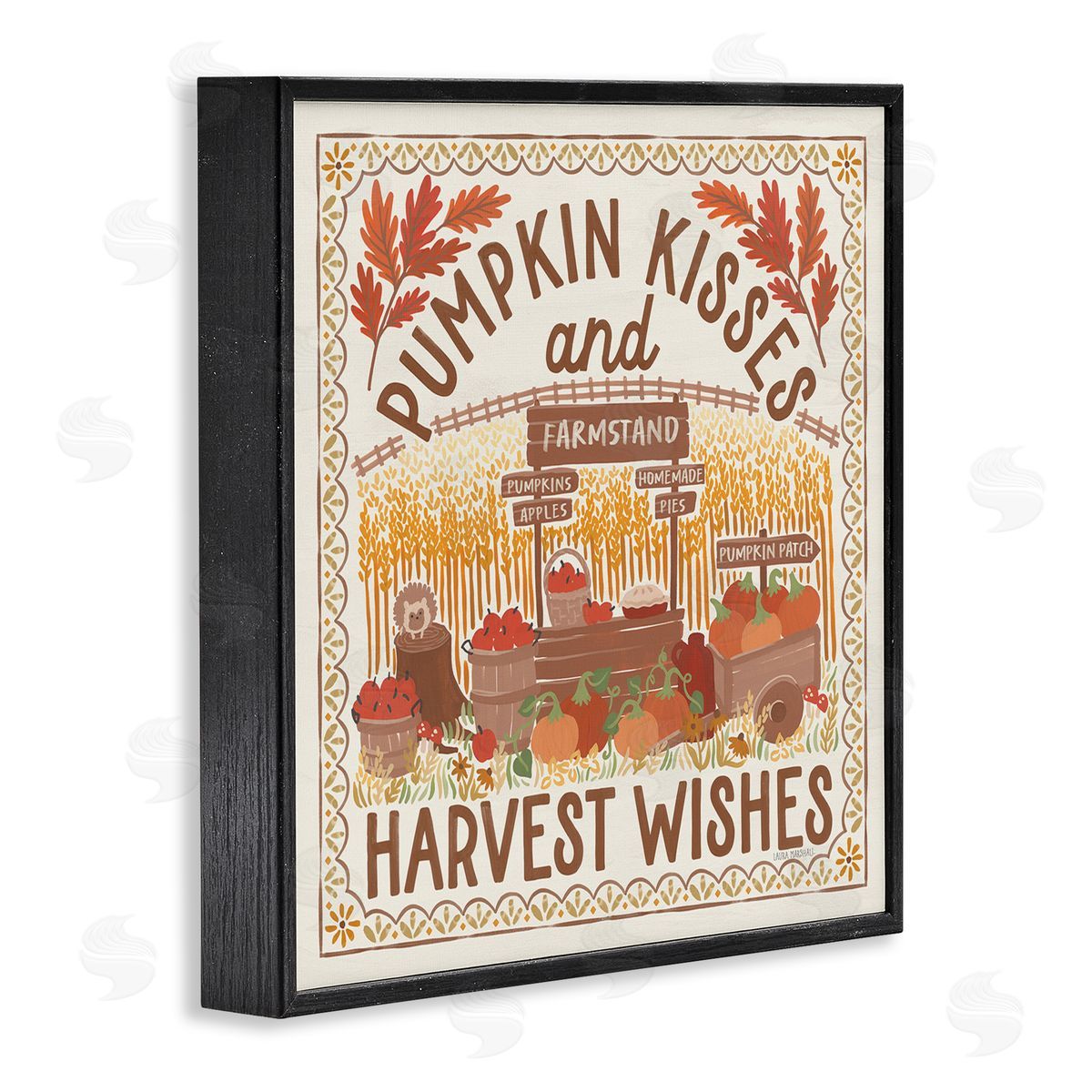 Pumpkin Kisses Fall Scene Black Frame Print Wall Art, Home Decor by Laura Marshall