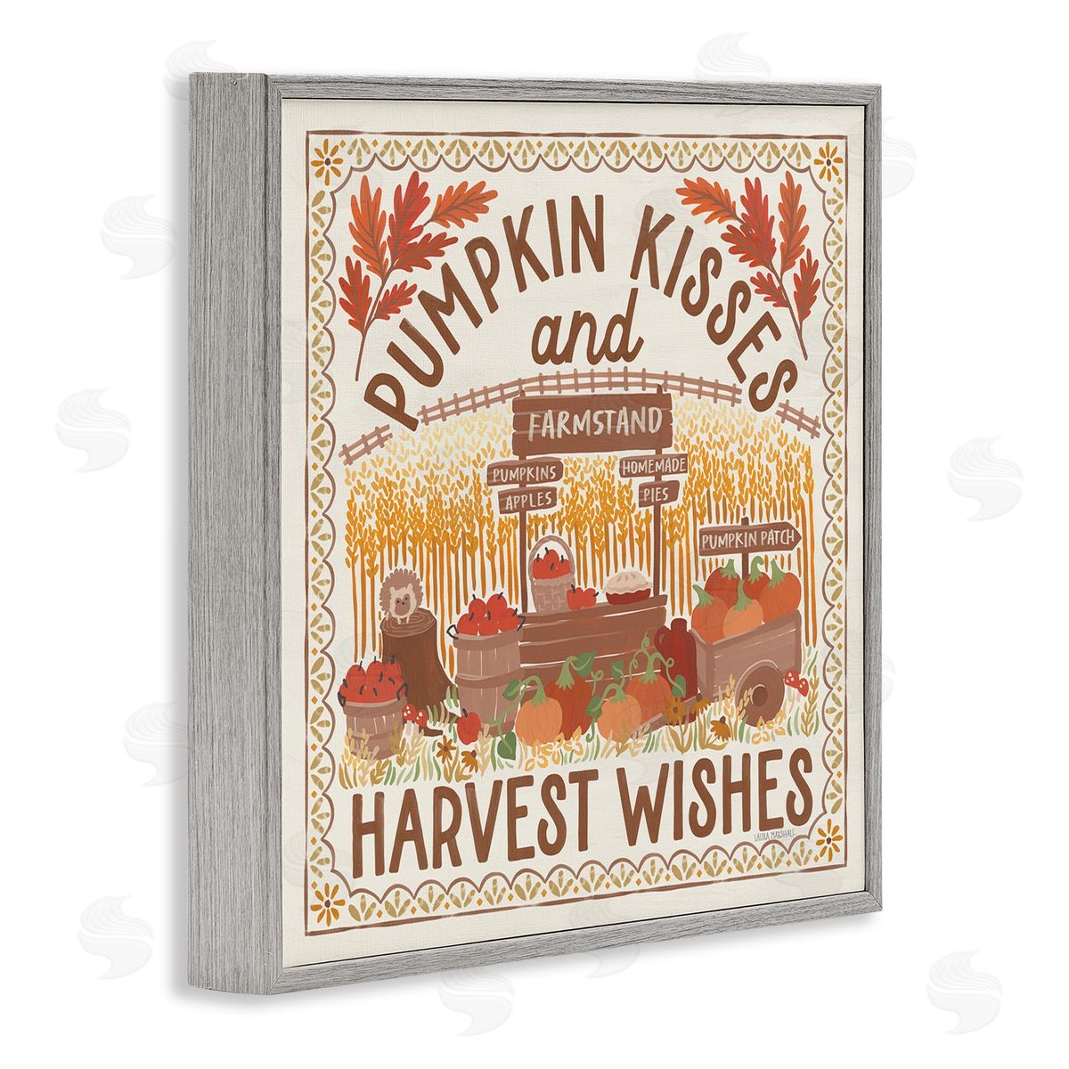 Pumpkin Kisses Fall Scene Grey Frame Print Wall Art, Home Decor by Laura Marshall