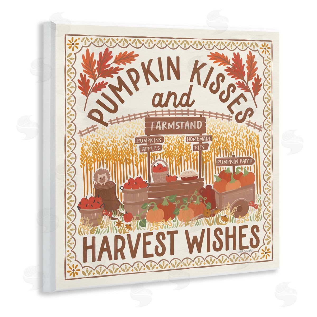 Pumpkin Kisses Fall Scene Wood Plaque Wall Art, Home Decor by Laura Marshall