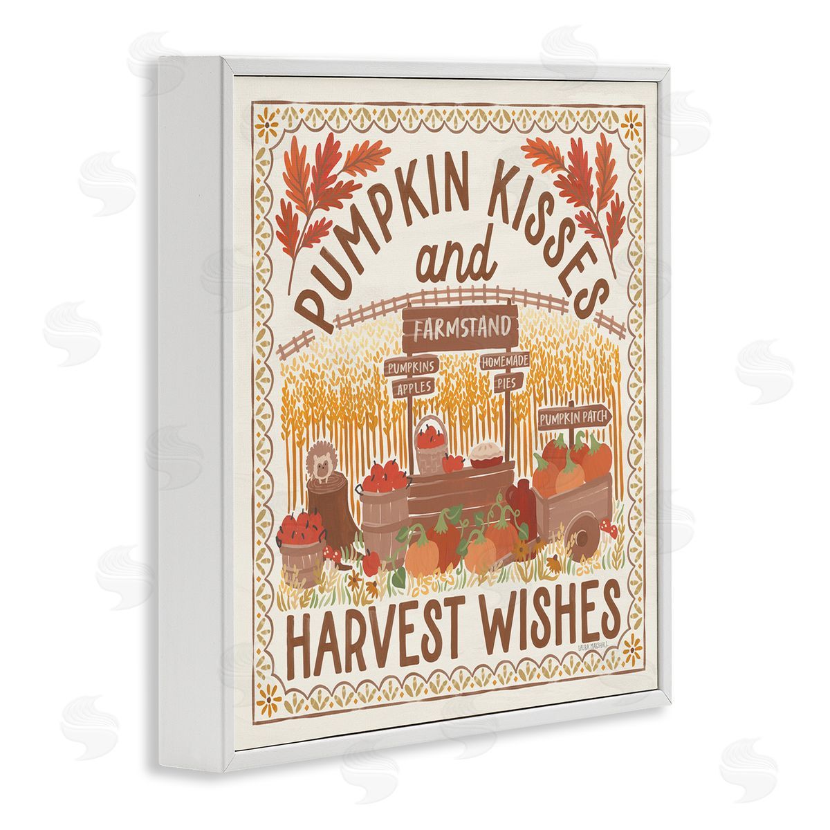 Pumpkin Kisses Fall Scene White Frame Print Wall Art, Home Decor by Laura Marshall