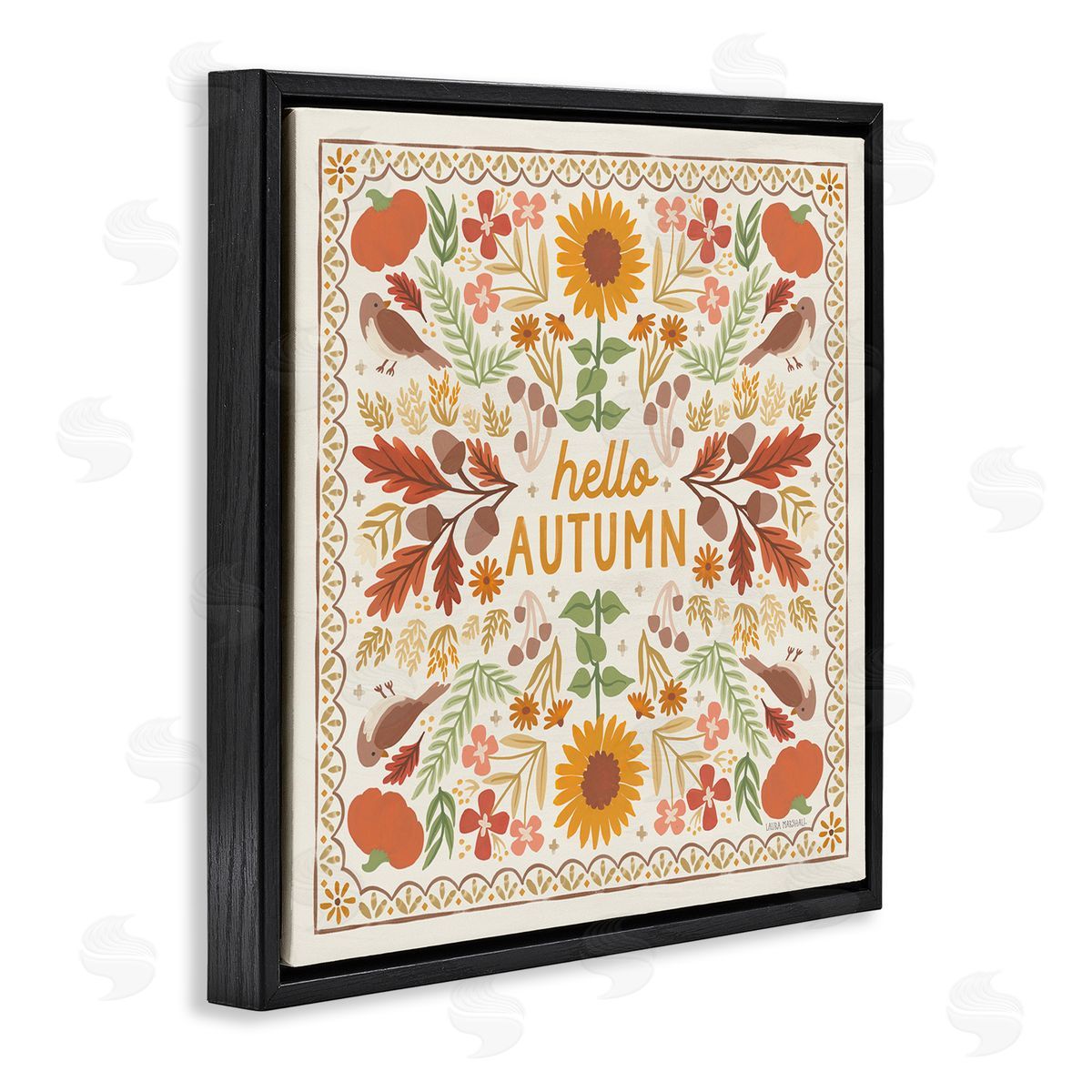 Hello Autumn Pattern Black Floating Frame Canvas Wall Art, Home Decor by Laura Marshall