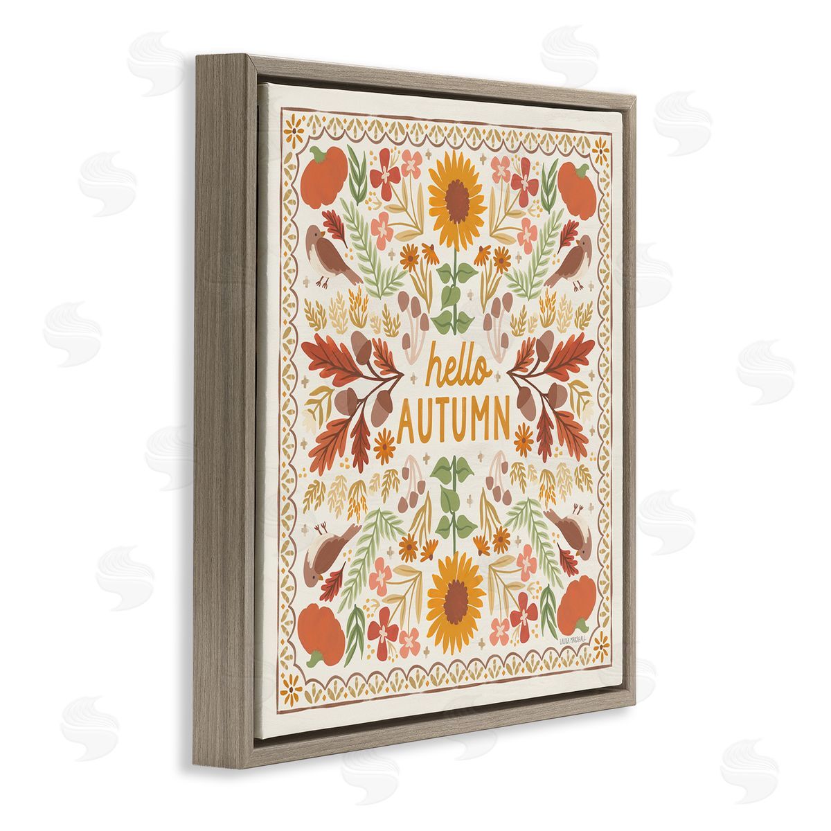 Hello Autumn Pattern Brown Floating Frame Canvas Wall Art, Home Decor by Laura Marshall
