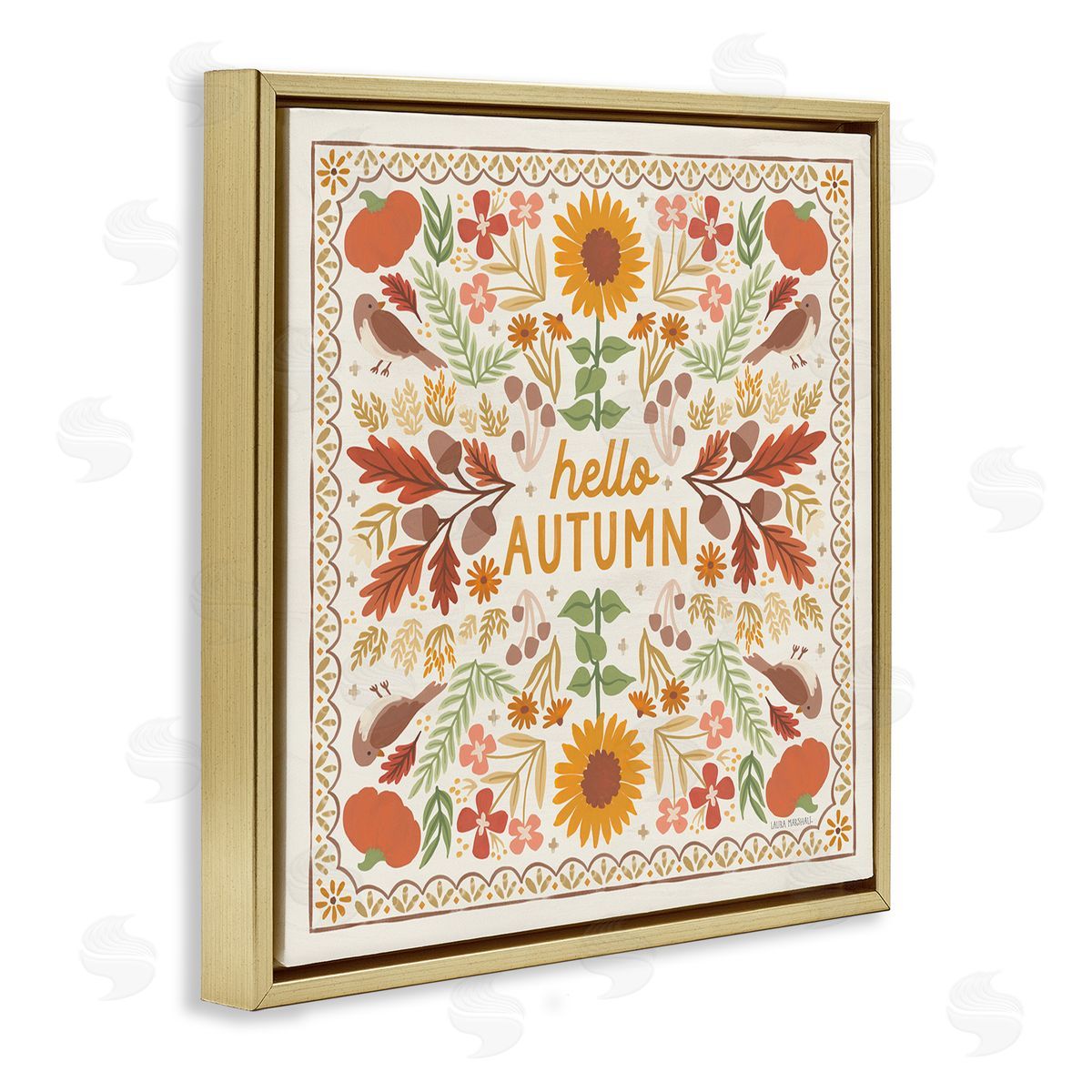 Hello Autumn Pattern Gold Floating Frame Canvas Wall Art, Home Decor by Laura Marshall