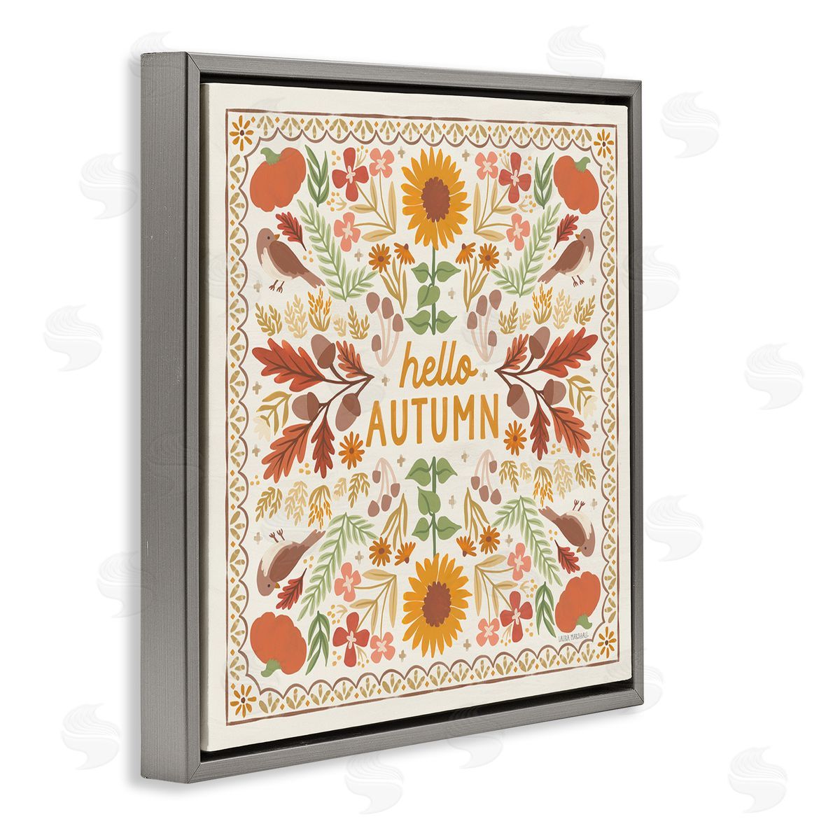 Hello Autumn Pattern Grey Floating Frame Canvas Wall Art, Home Decor by Laura Marshall