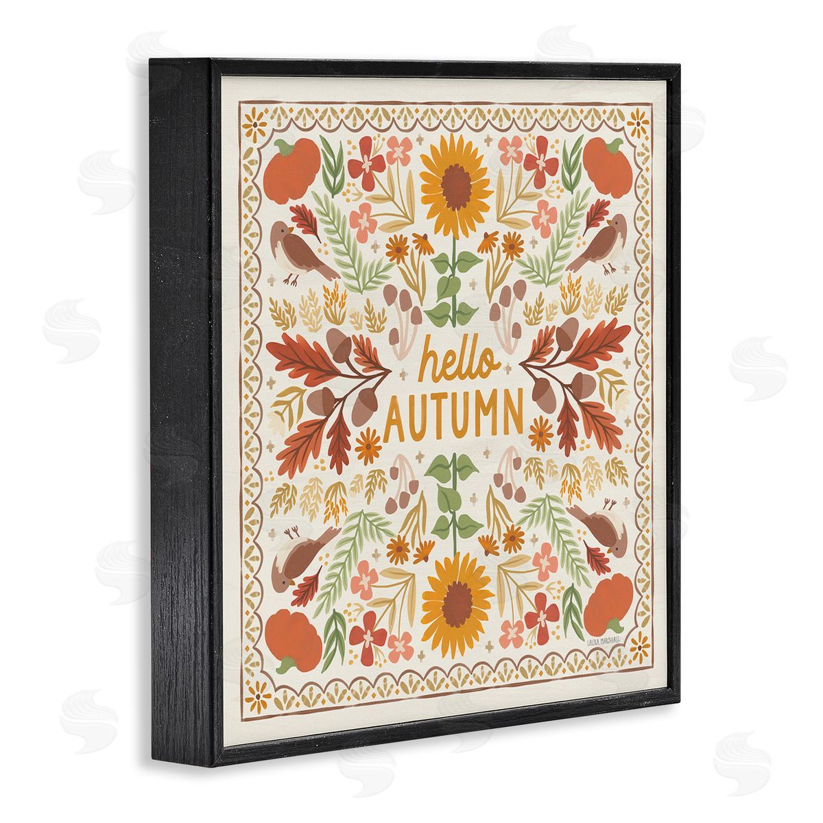 Hello Autumn Pattern Black Frame Print Wall Art, Home Decor by Laura Marshall