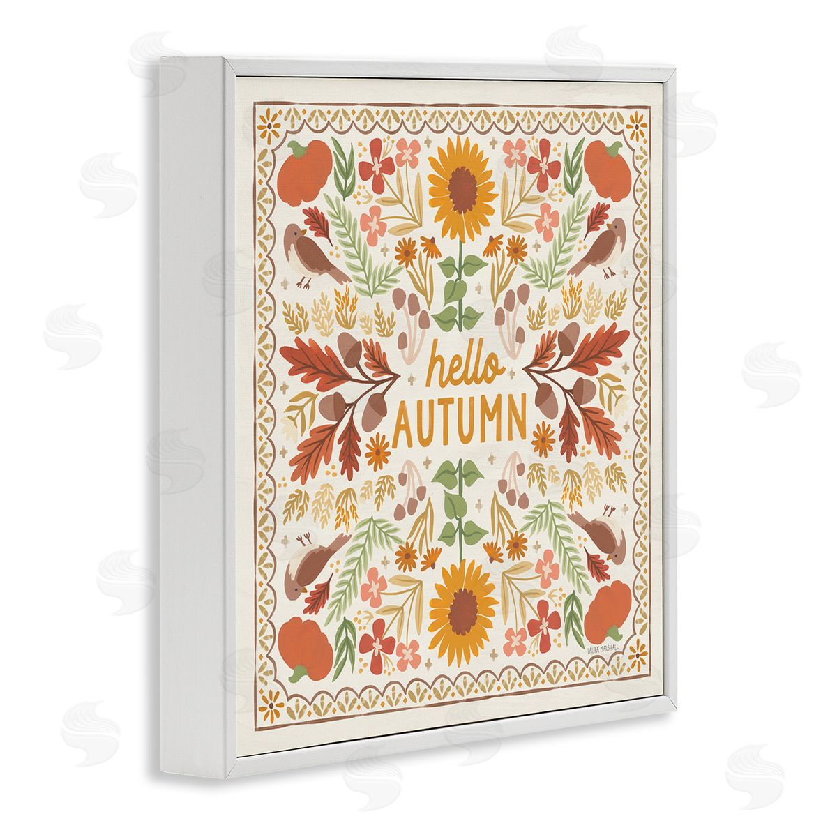 Hello Autumn Pattern White Frame Print Wall Art, Home Decor by Laura Marshall