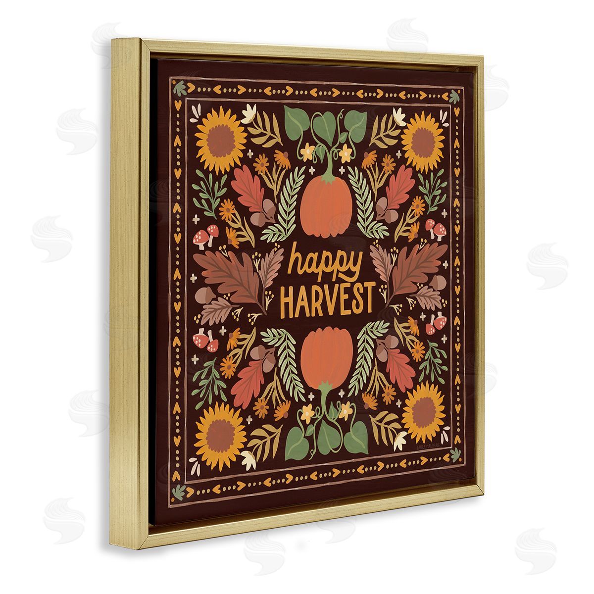 Happy Harvest on Brown Gold Floating Frame Canvas Wall Art, Home Decor by Laura Marshall