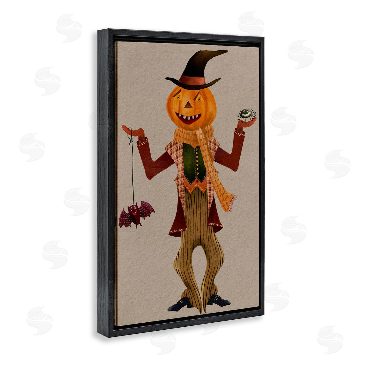 Halloween Scarecrow and Bat Black Floating Frame Canvas Wall Art, Home Decor by Regina Moore
