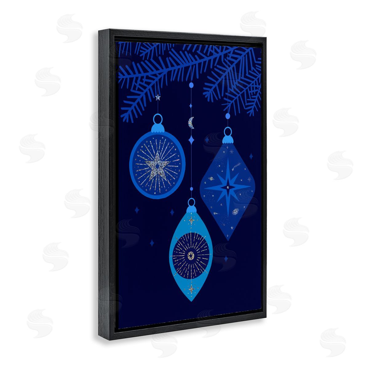 Blue Hanging Ornaments Black Floating Frame Canvas Wall Art, Home Decor by Victoria Barnes