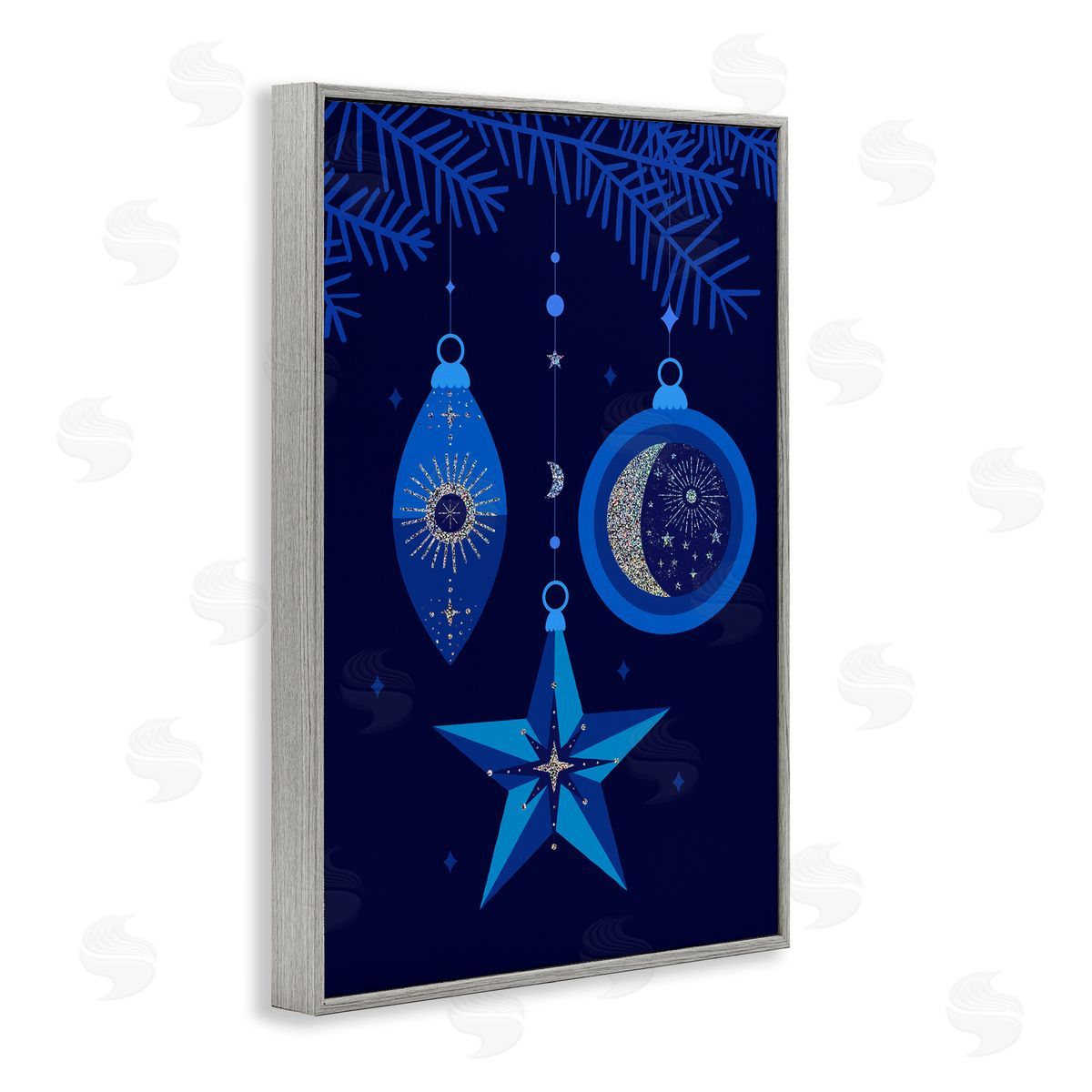 Blue Holiday Ornaments Grey Frame Print Wall Art, Home Decor by Victoria Barnes