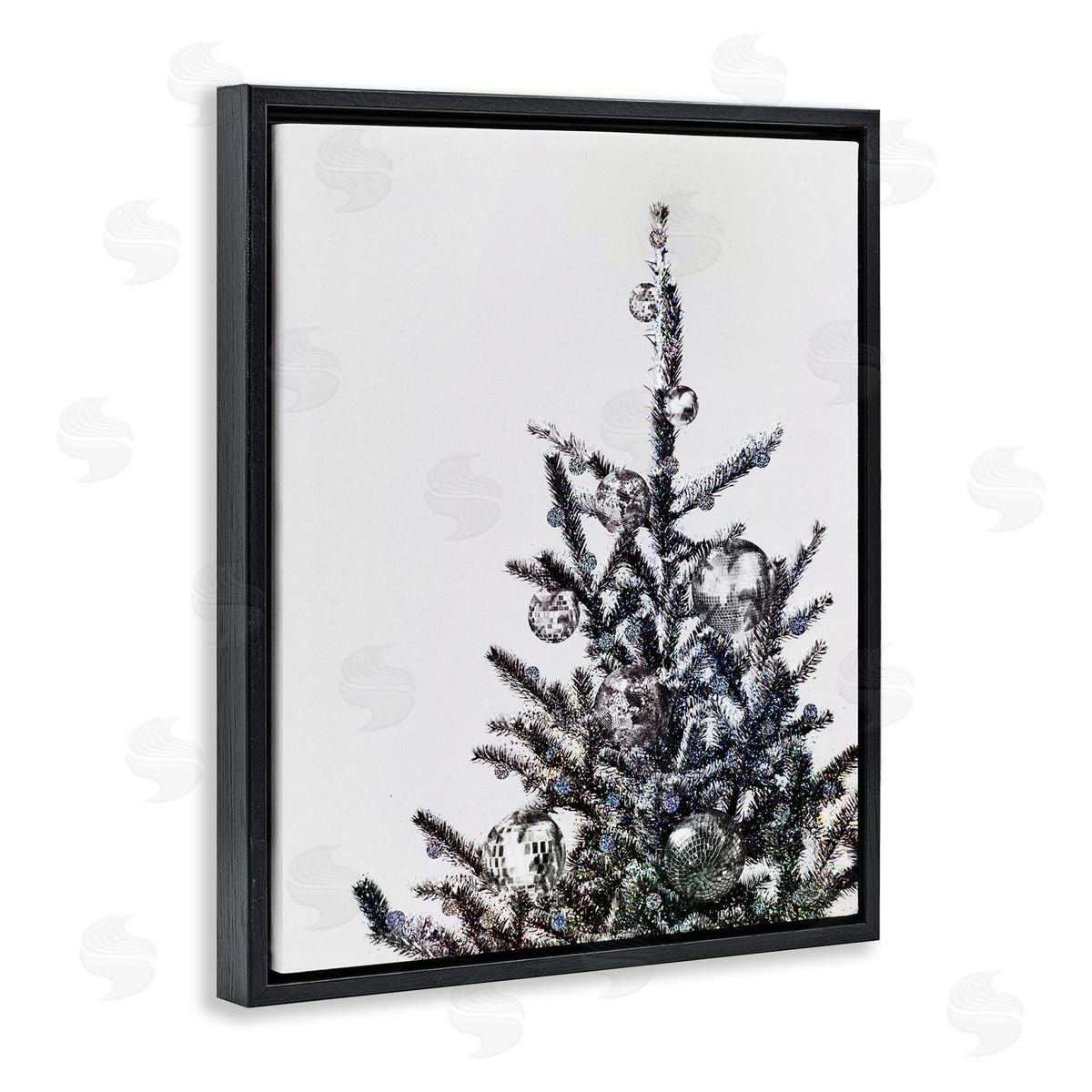 Christmas Tree Disco Balls Black Floating Frame Canvas Wall Art, Home Decor by Victoria Barnes
