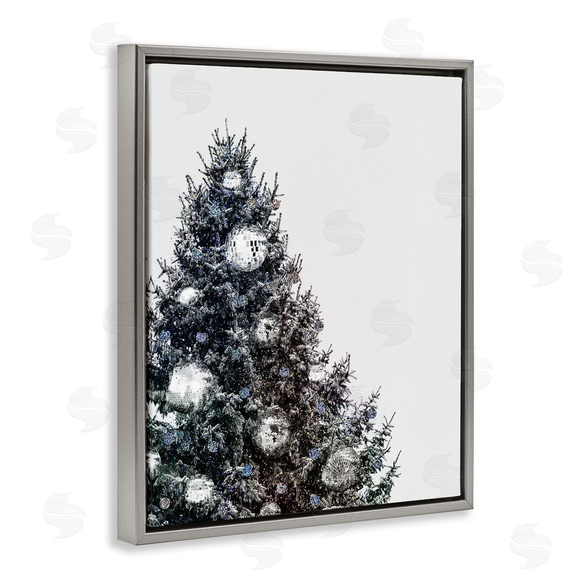 Disco Ornaments on Tree Grey Floating Frame Canvas Wall Art, Home Decor by Victoria Barnes
