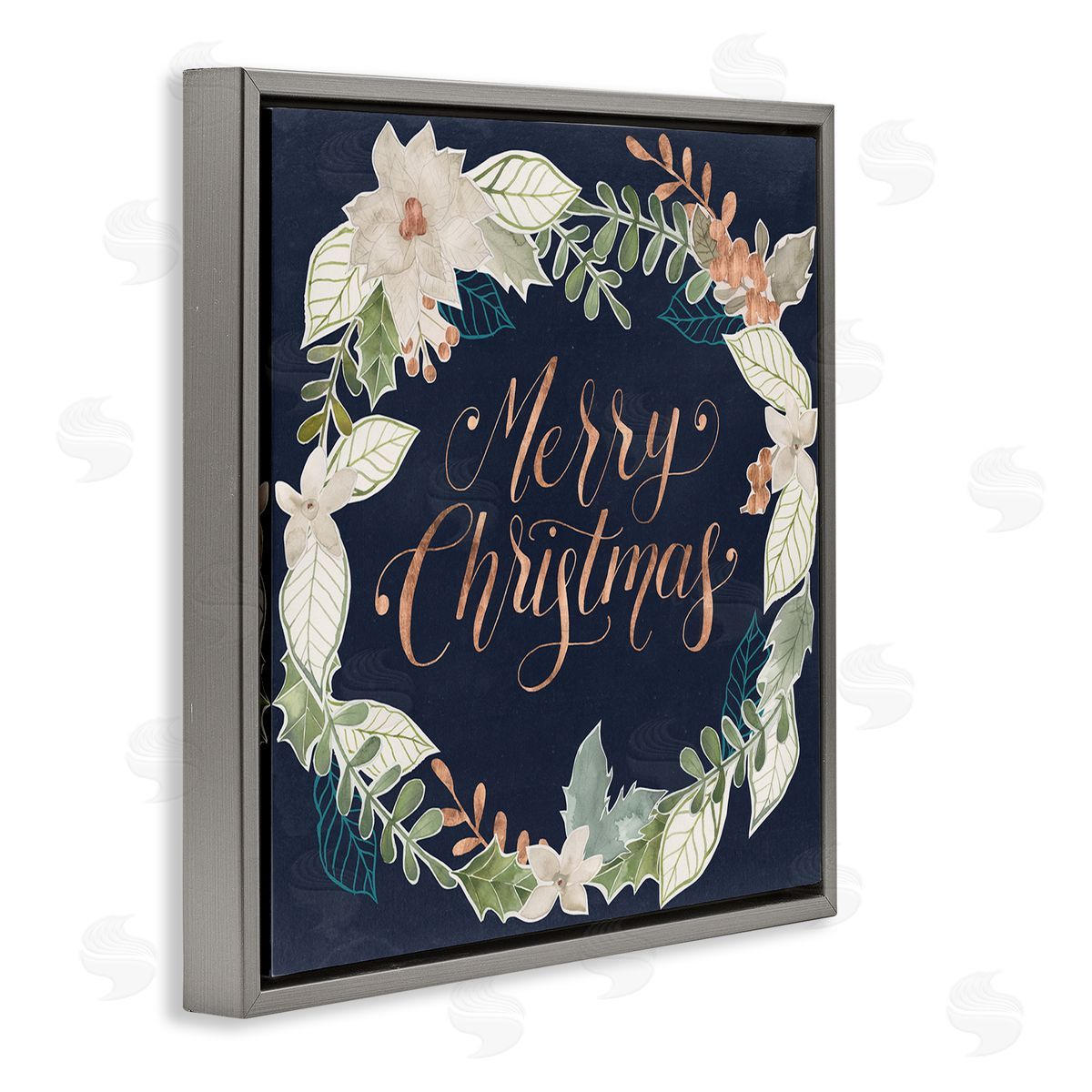 Traditional Christmas Wreath Grey Floating Frame Canvas Wall Art, Home Decor by Grace Popp