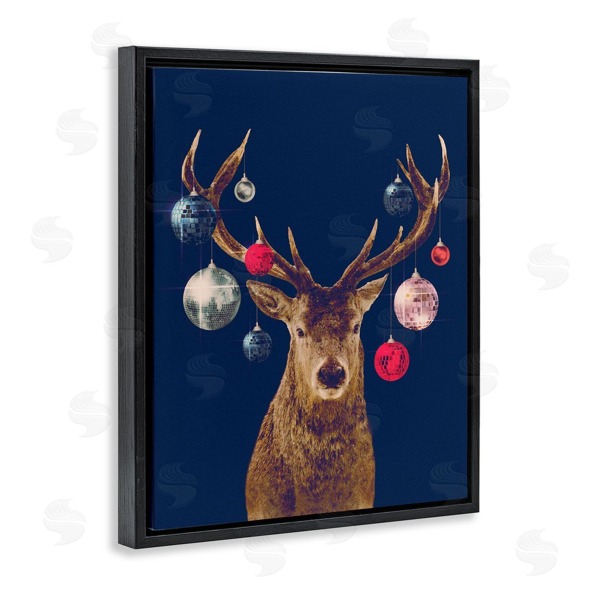 Deer and Shining Ornaments Black Floating Frame Canvas Wall Art, Home Decor by Victoria Barnes