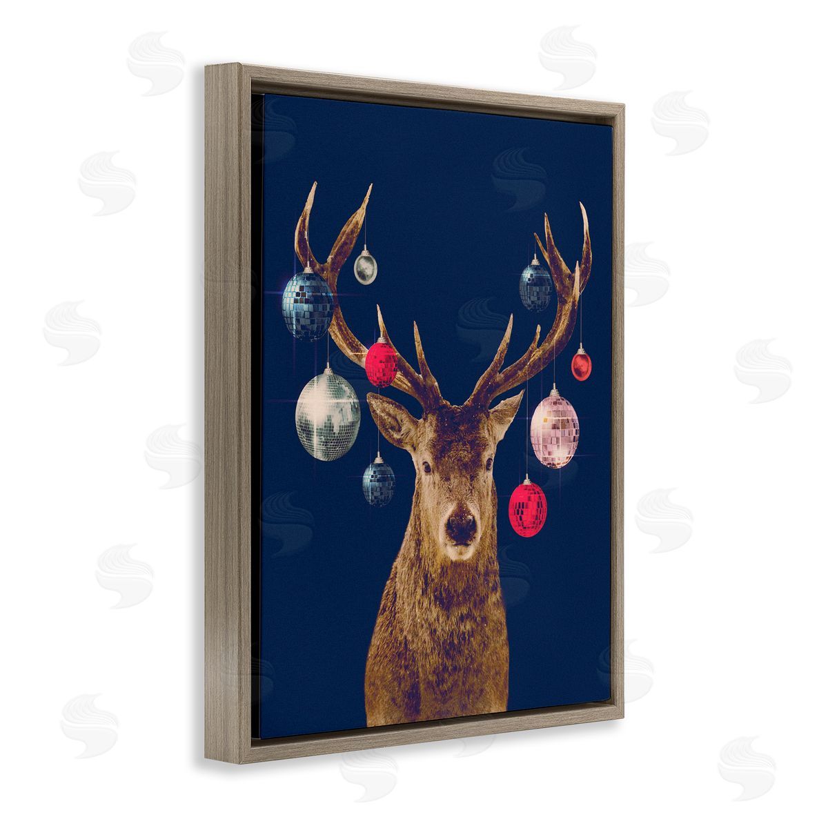 Deer and Shining Ornaments Brown Floating Frame Canvas Wall Art, Home Decor by Victoria Barnes