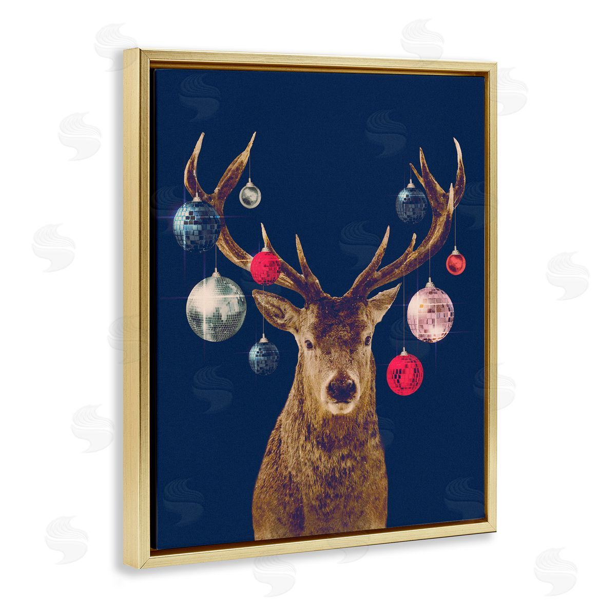 Deer and Shining Ornaments Gold Floating Frame Canvas Wall Art, Home Decor by Victoria Barnes