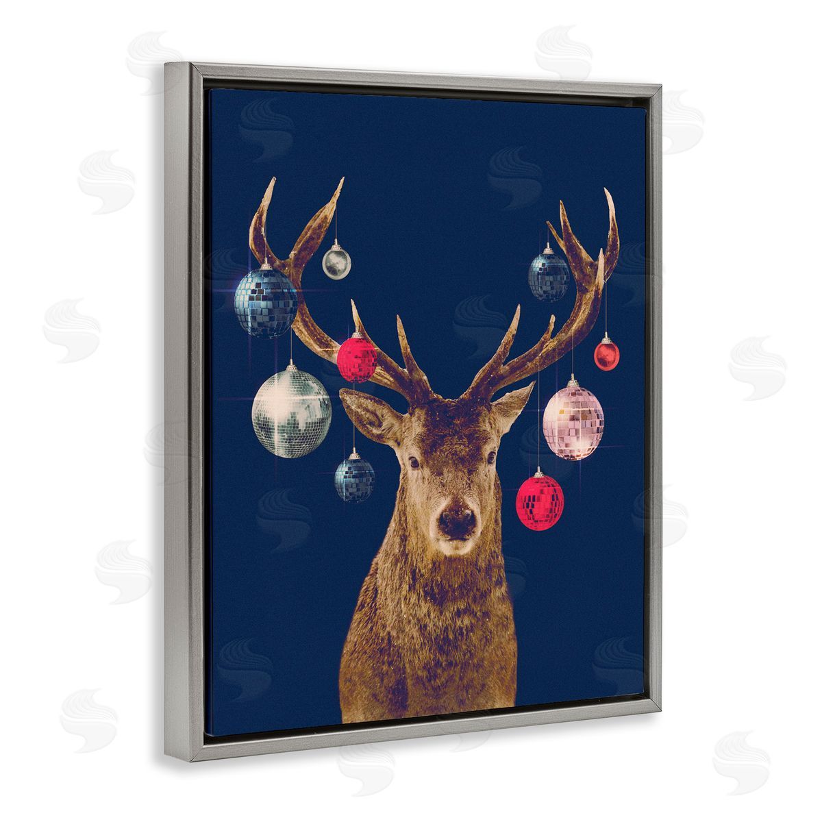 Deer and Shining Ornaments Grey Floating Frame Canvas Wall Art, Home Decor by Victoria Barnes