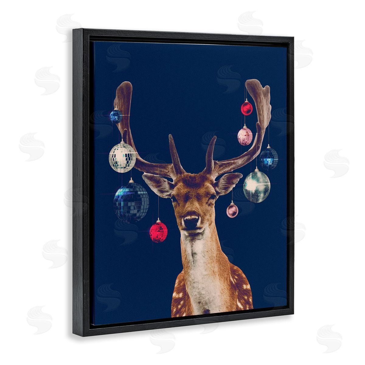 Deer with Dazzling Ornaments Black Floating Frame Canvas Wall Art, Home Decor by Victoria Barnes