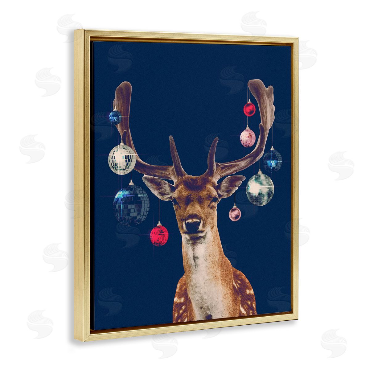 Deer with Dazzling Ornaments Gold Floating Frame Canvas Wall Art, Home Decor by Victoria Barnes