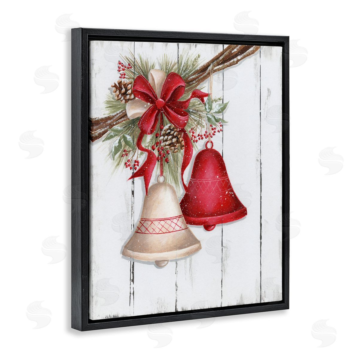 Rustic Winter Bells Black Floating Frame Canvas Wall Art, Home Decor by Emma Leach