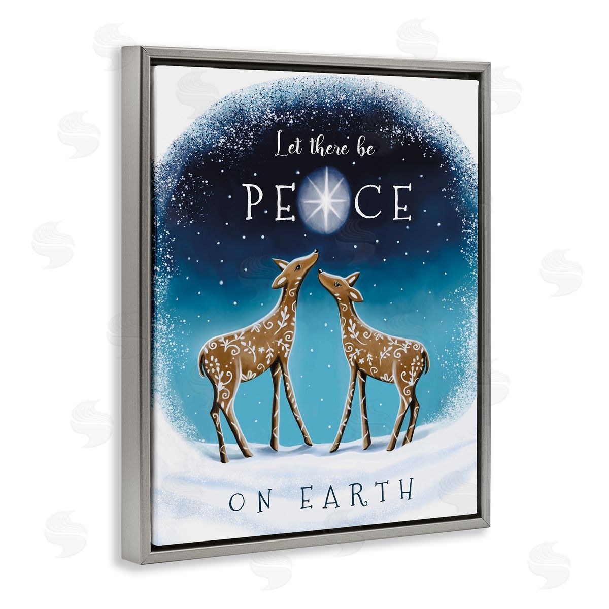 Peace On Earth Reindeer Grey Floating Frame Canvas Wall Art, Home Decor by Elizabeth Tyndall