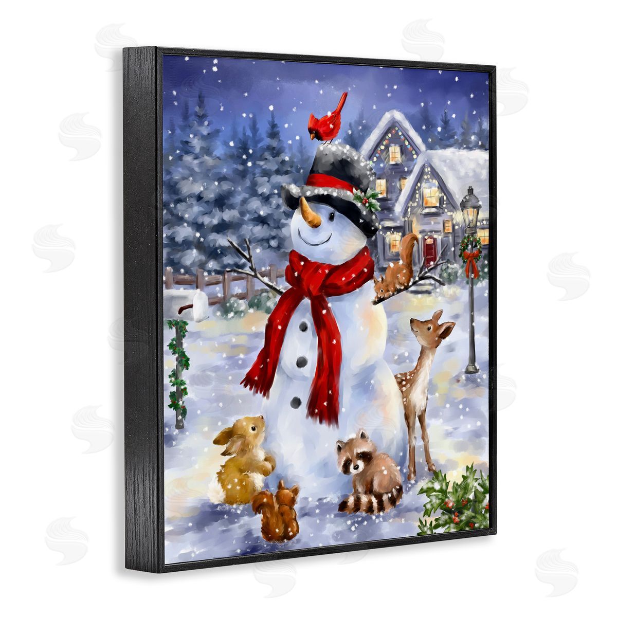 Snowman and Forest Animals Black Frame Print Wall Art, Home Decor by Jean Francois